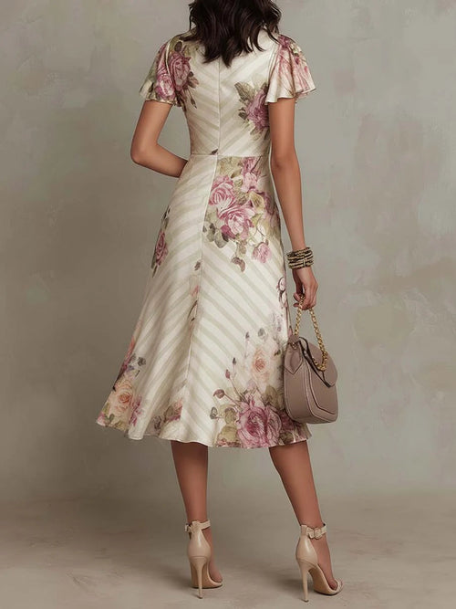 Alba™ | Elegancka satynowa sukienka midi w stylu retro z kwiatowym wzorem