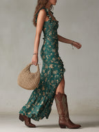 Zara™ | Sukienka maxi boho retro z marszczonymi rękawami i wysokim rozcięciem